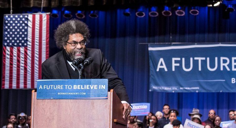 Dr Cornel West speaks at a Bernie Sander rally in Birmingham, Alabama.